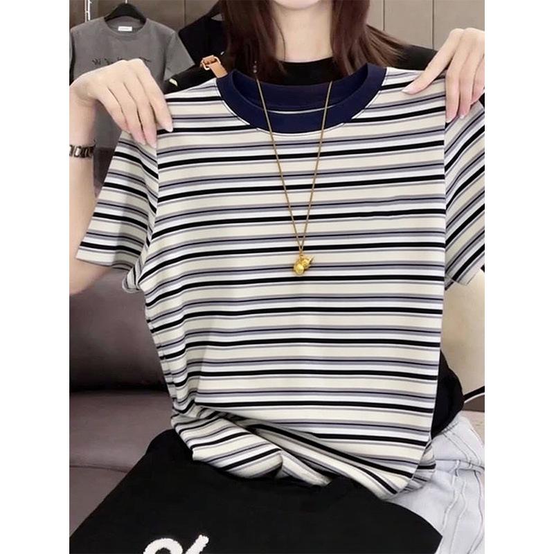 Korean trend color matching striped cotton short-sleeved t-shirt women's niche design versatile navy blue top bottoming shirt