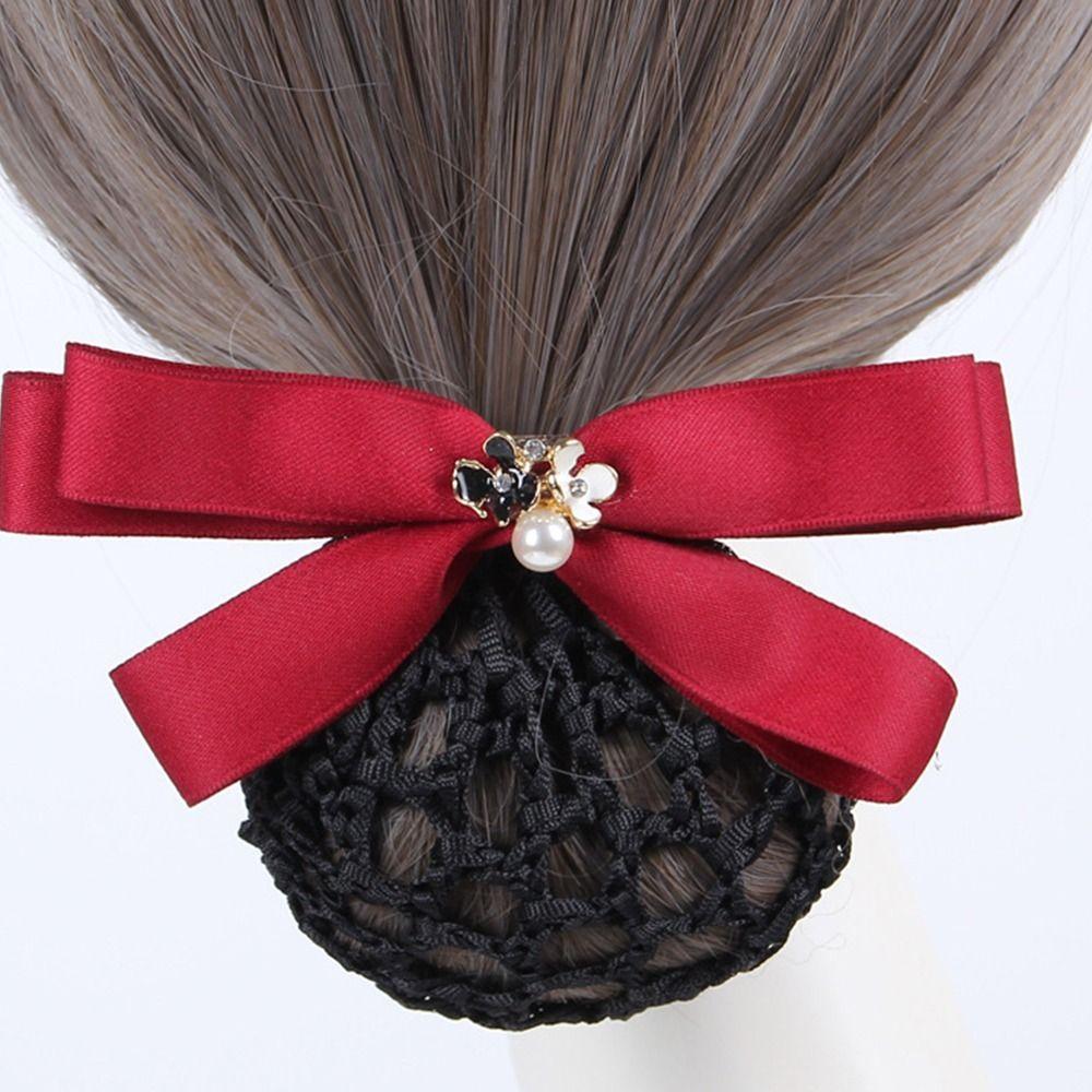 Ribbon Pearls Crochet Bun Net Bun Snood Lace Hair Net Detachable Bow Snood Spring Clip  Bank