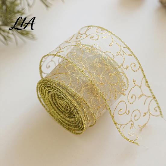 Lightweight Ribbon for DIY Projects 2.5" x 2.2 Yards Gold Sheer Christmas Tree Decoration and Retro Pattern Gift Bundling Wrapping, Translucent