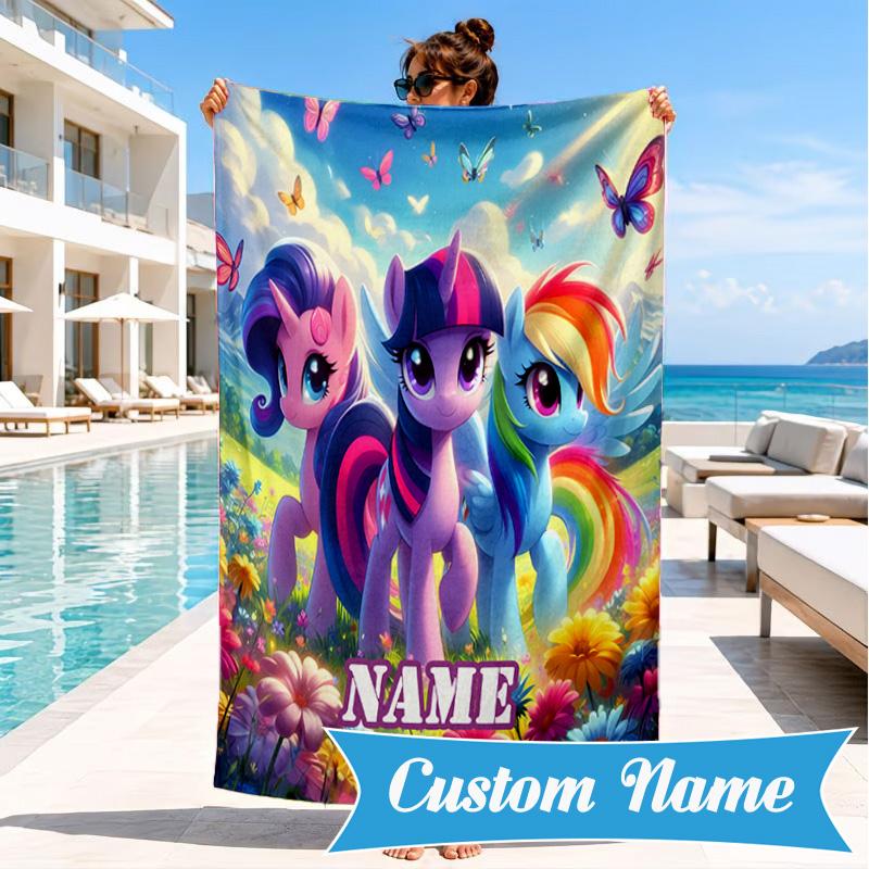 Custom Name Rainbow Pony Beach Towel, Soft Quick-Dry Beach Towel, Ideal for Pool, Camping, Perfect Travel Essential Gift