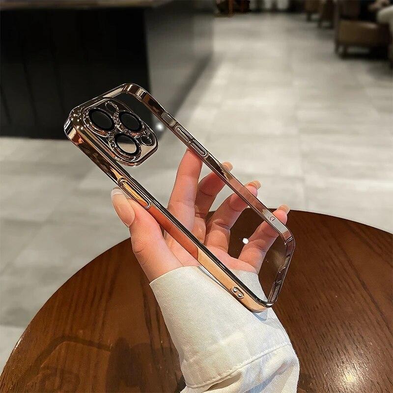 Luxury Plating Clear Silicone Phone Case For iPhone 15 14 Plus 13 12 11 Pro Max Mini Lens Protection Case Transparent Back Cover