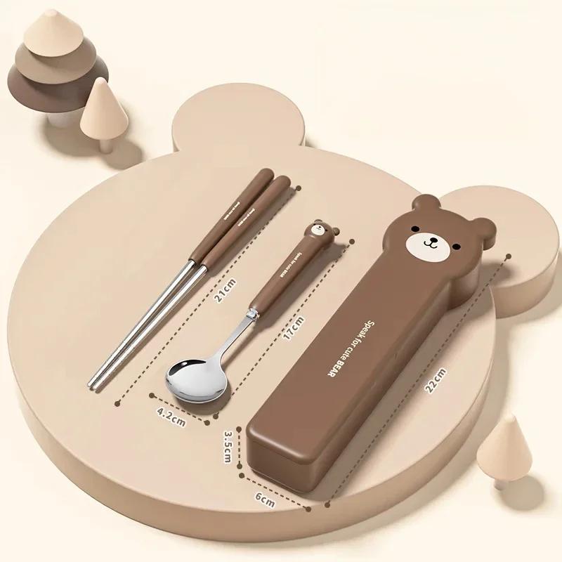 Stainless Steel Portable Cutlery Children'S Two Piece Set Student Cute Animal Bear Rabbit Spoon Fork Chopsticks Three Piece Set