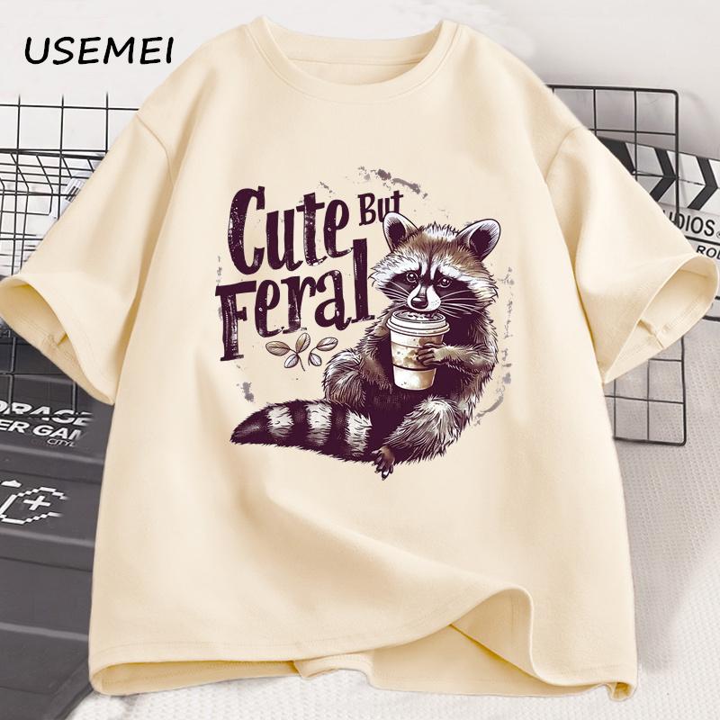 Cute But Feral T-shirts for Women Men Summer Funny Raccoon Adult Humor T Shirt Cotton Short Sle