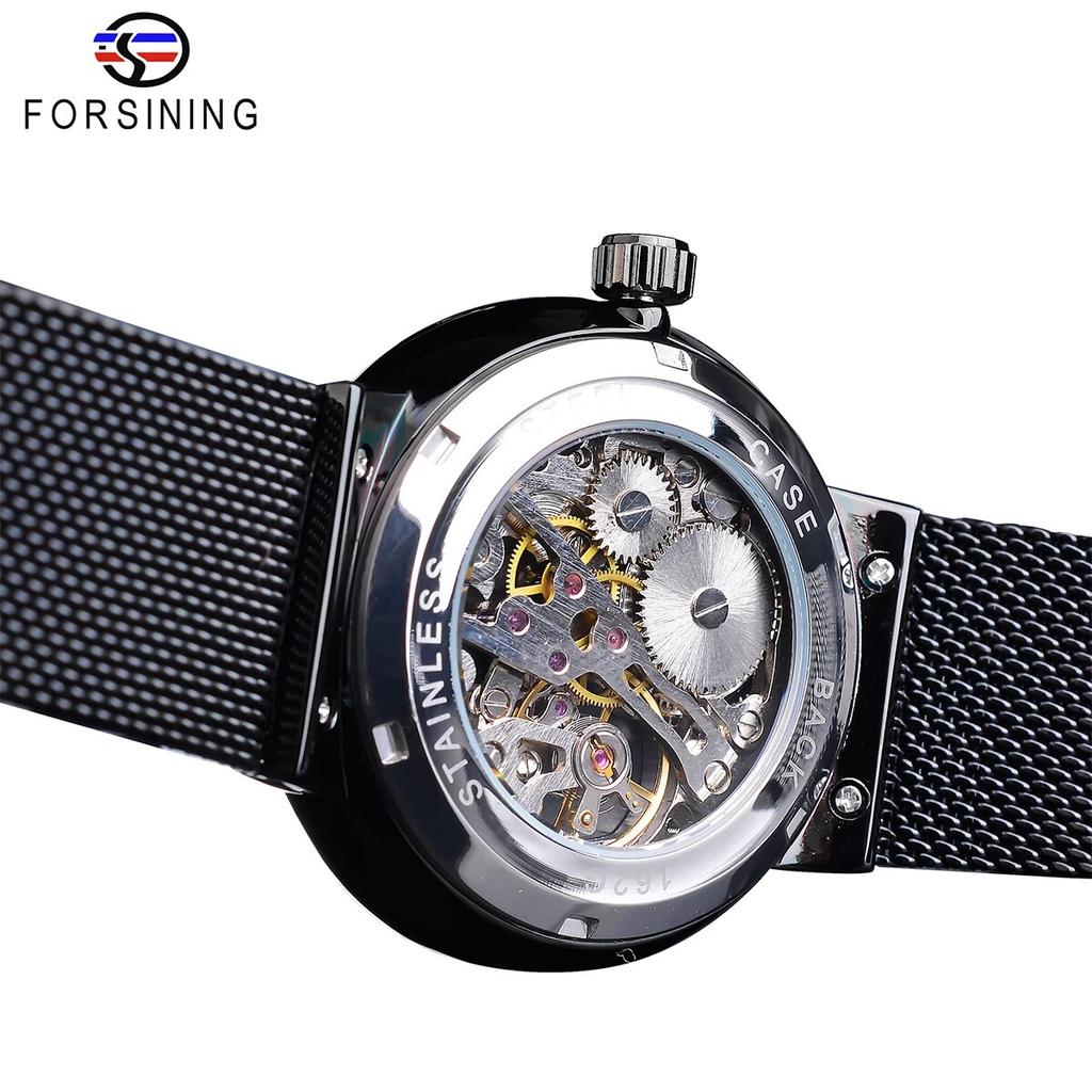 Forsining Men's Skeleton Mechanical Watches Waterproof Outdoor Wristwatch Casual Minimalism Watch For Man Black Mesh Band
