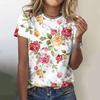 Women's Summer T-shirt Flower Pattern Clothing Round Neck Loose Top Fashion Short Sleeve Women's Party T-shirt 2024 New
