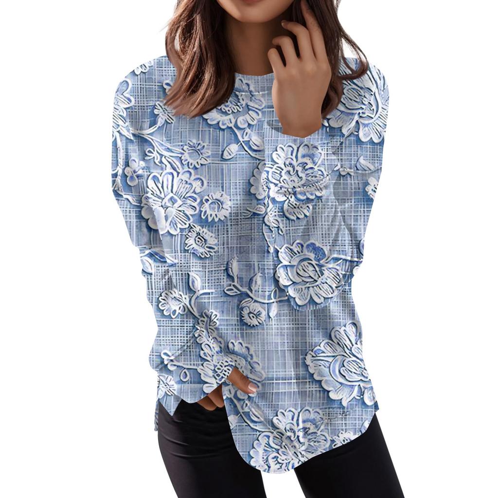 Women's Fashion Casual Long Sleeve Floral Textured Print Round Neck Top