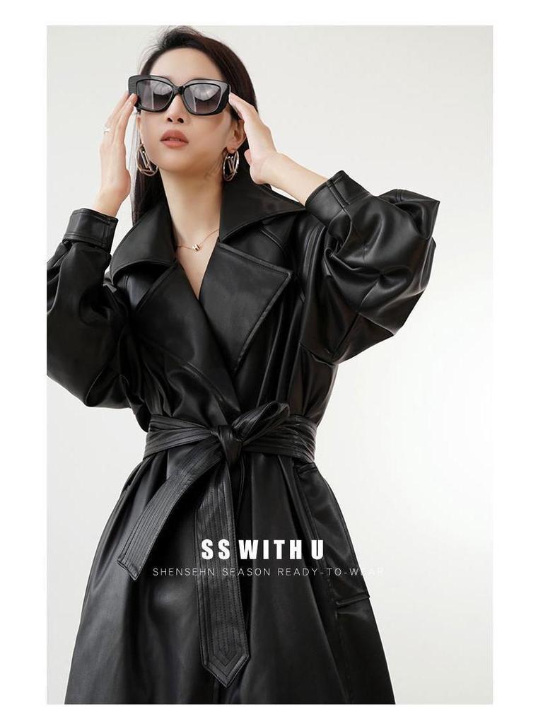 Женская кожаная куртка средней длины: Европейский и американский стиль, Осень/Зима 2025, Плюс бархат, Утепленное тренчкот