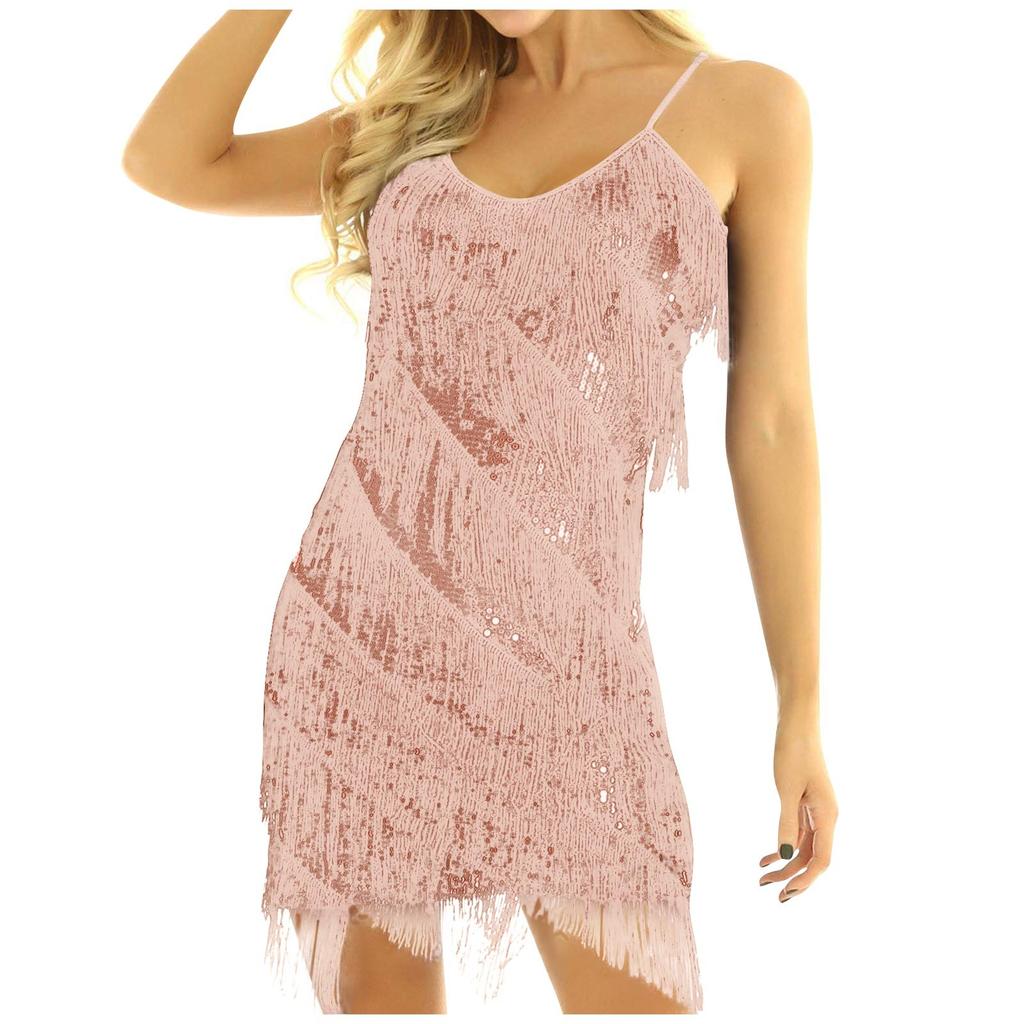 Женское однотонное концертное платье без рукавов с блестками и кисточками