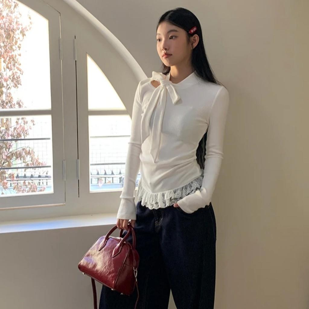 Футболка с длинным рукавом в стиле Y2K Fairycore с шнуровкой-бантом для осени