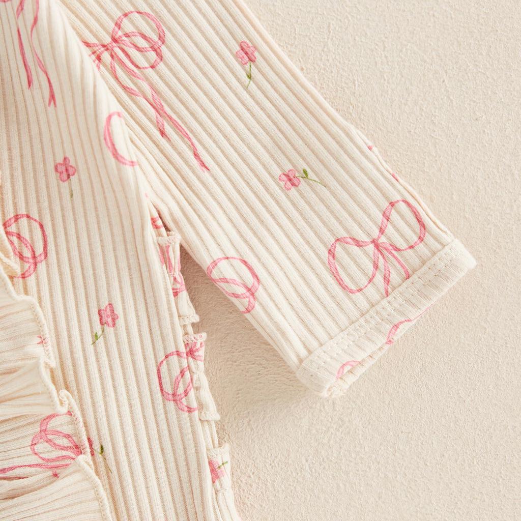 Боди с принтом бабочек, длинным рукавом и бантом - Хлопковый в рубчик для новорожденных, Весенне-осенний стиль