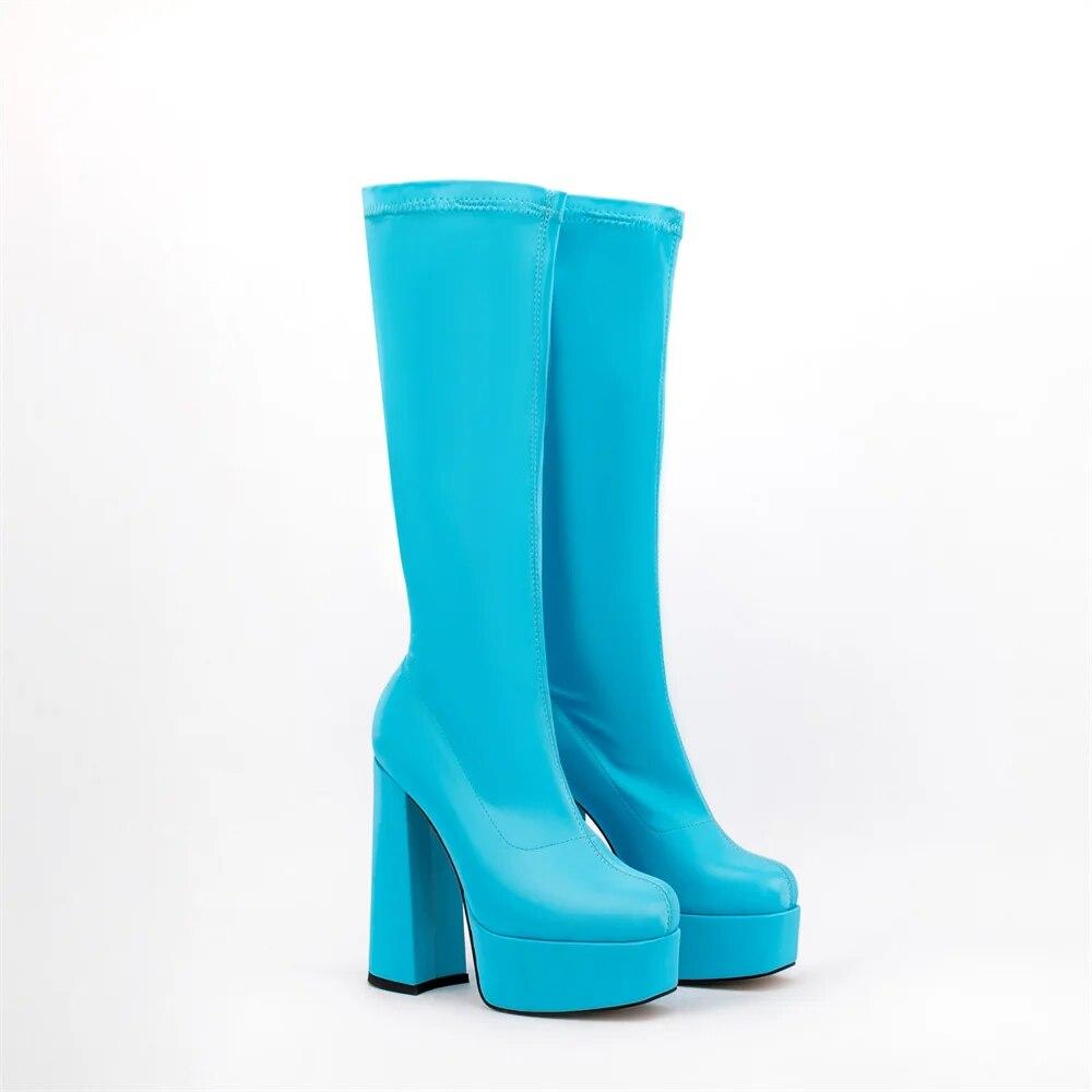 Patent Pu Leather Women Knee High Boots Platform Super Square High Heel Women Motorcycle Boots Zipper Round Toe Woman'S Boots 39