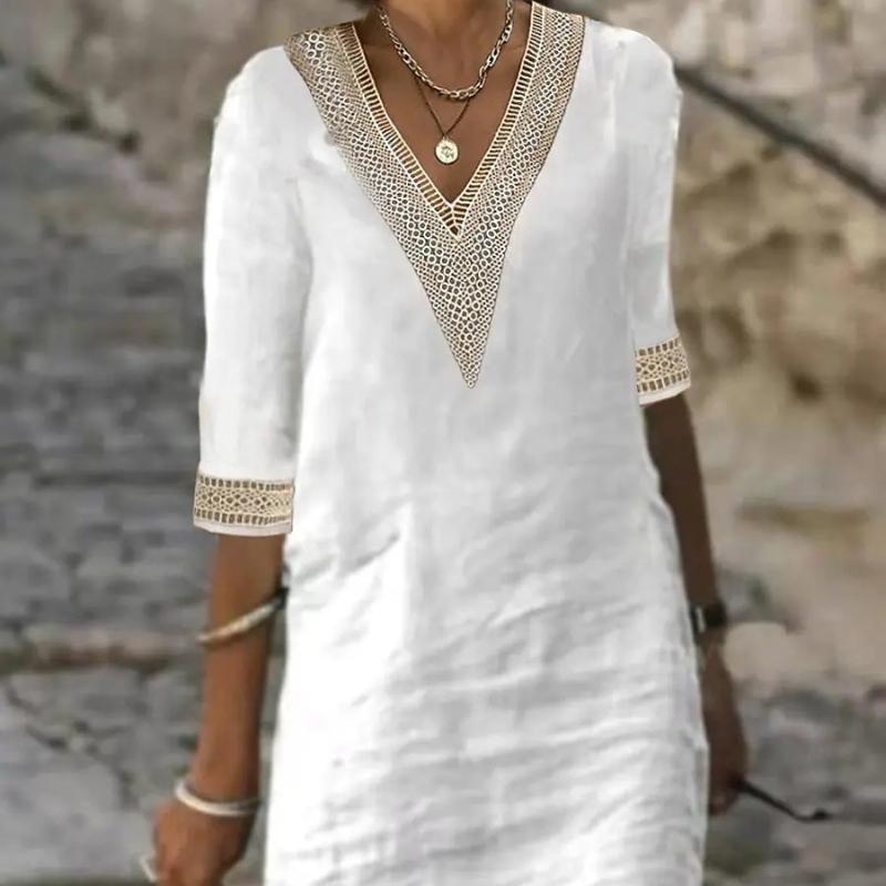 Весна и лето Новое однотонное платье с V-образным вырезом и рукавами средней длины
