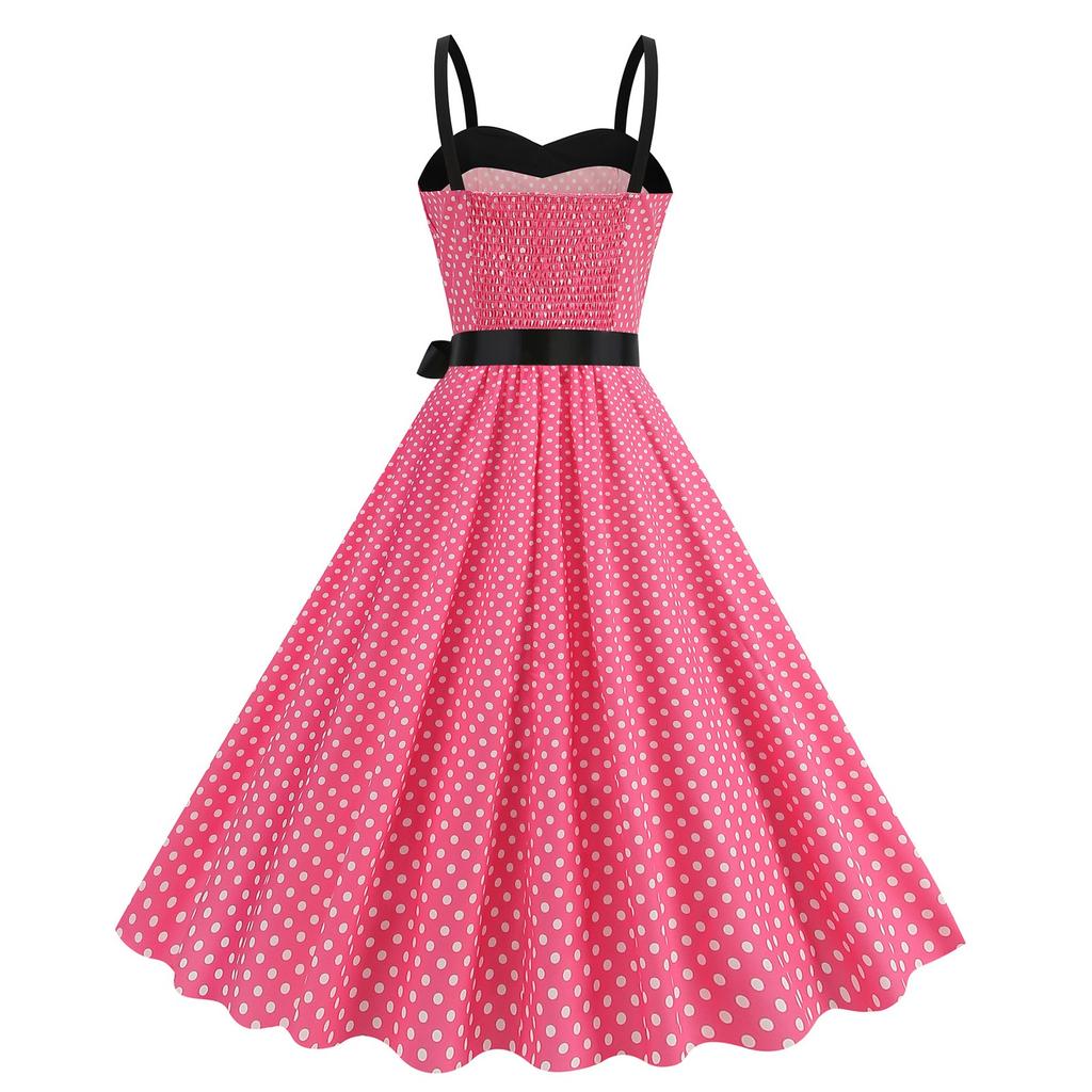 Women's Fashion Temperament Retro Polka Dot Lace-up Backless Set Neck Big Swing Puffy Casual Performance Dress