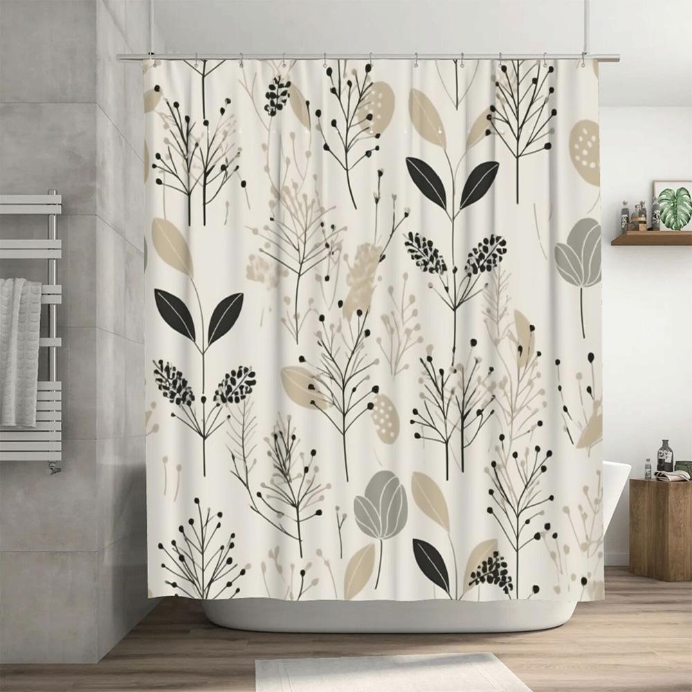 Modern Bathroom Shower Curtain Set Elegant Plant Pattern Decorative Shower Curtains for Home Bathrooms – White Black Beige Col