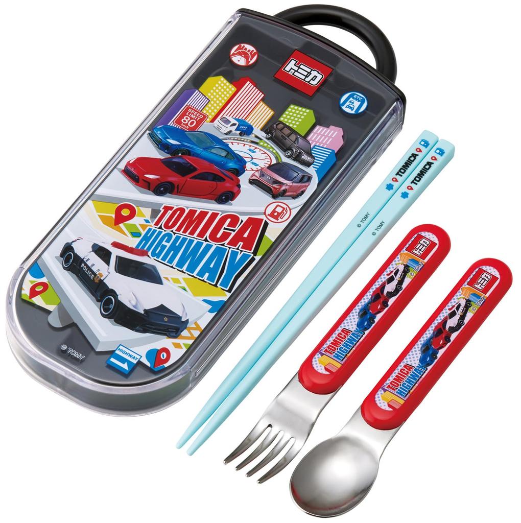 Skater Lunch Box Trio and Made In Tomica TACC2AG Kids' Set, Chopsticks, Spoon, Fork, Kids' Cutlery, Antibacterial, Easy-Open Slide-Open, Japan, 25,