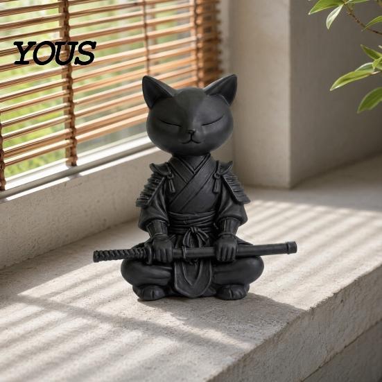 Художественная коллекционная фигурка кота-рыцаря, 3D-печать, медитирующий декор для стола в позе дзен-воина, современное произведение искусства, минималистичная матовая скульптура животного