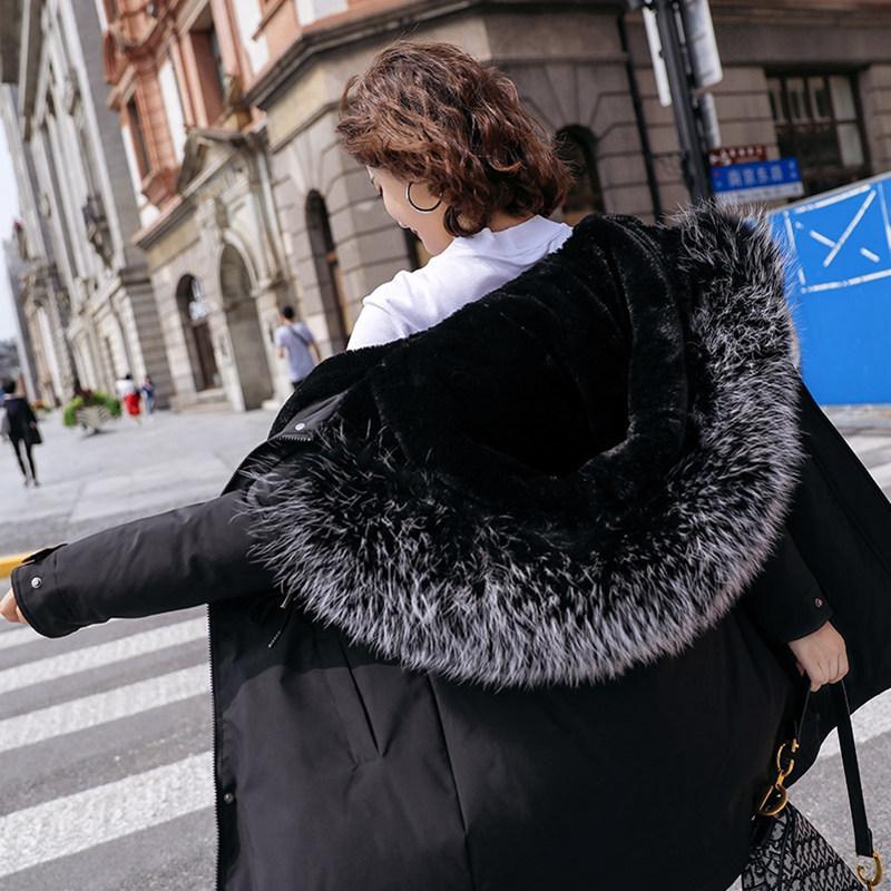 Women Fall Winter Jacket Coat Parka Thicken Cotton Liner Medium Long Hooded Fur Collar Adjustable Waist Solid Color M-6XL