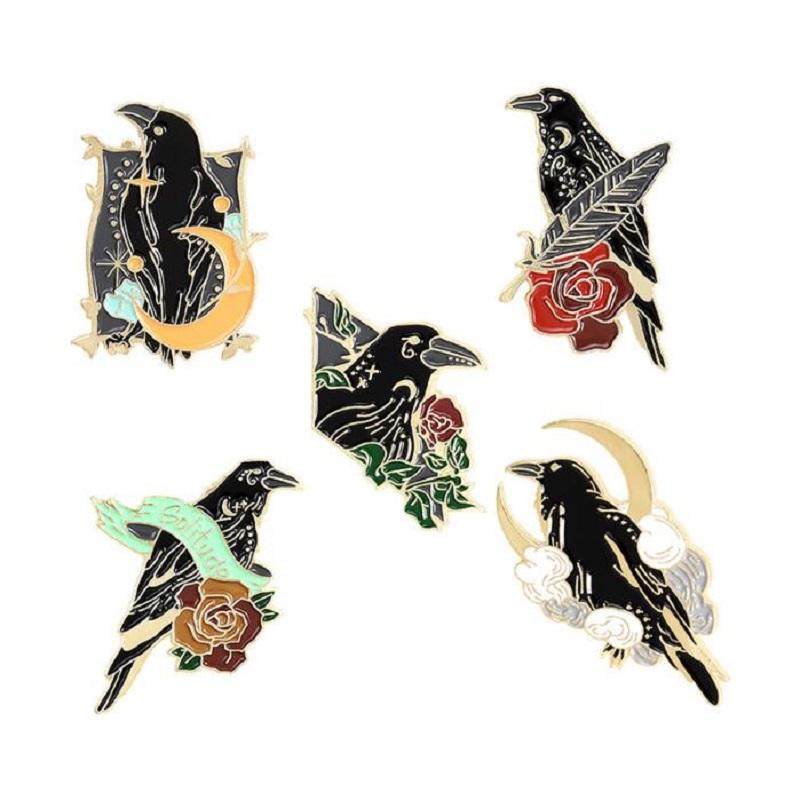 Punk Gothic Crow Raven Enamel Pins Bird Feather Moon Flowers Brooches Bag Lapel Badge  Fashion Jewelry Gift for Friends Kids