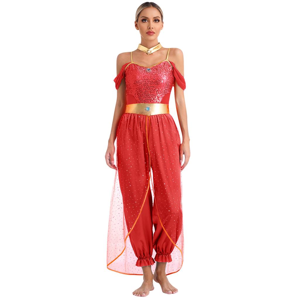 Women's Princess Costume Set Sequins Jumpsuit Long Wide Trousers Carnival Cosplay Party Dance Fancy Dress Outfit