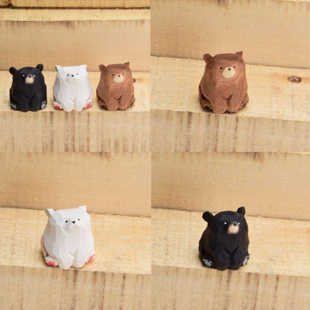 Cute Wooden Bear Figurines Solid Wood Mini Bear Statue Creative Polar Bear Ornament  Car