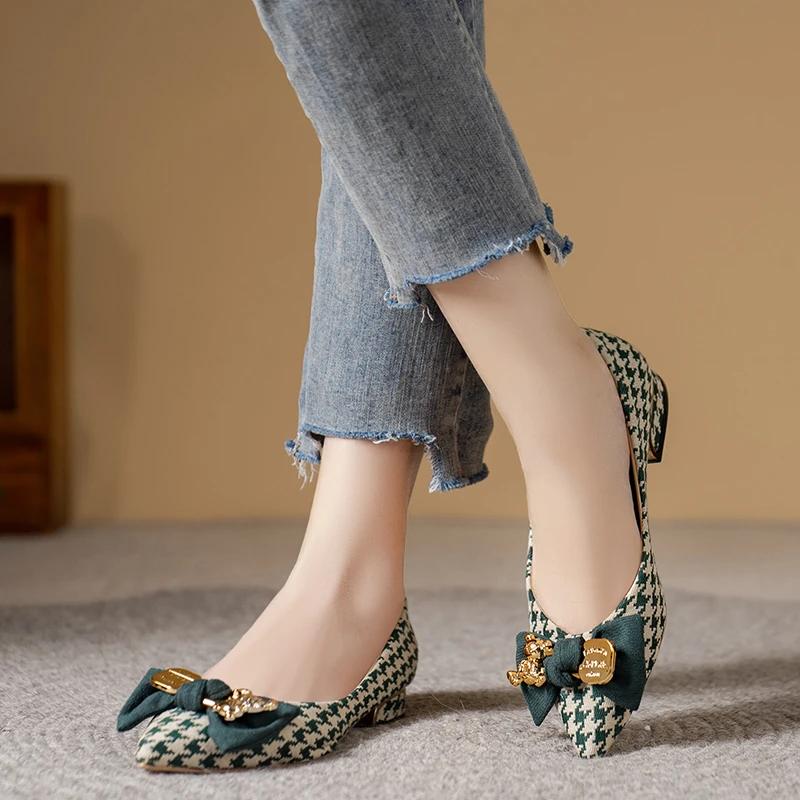 Shoes for Women New Slip On Women's Flats Autumn Pointed Toe Mixed Colors Houndstooth Butterfly-knot Shallow Mouth Shoes