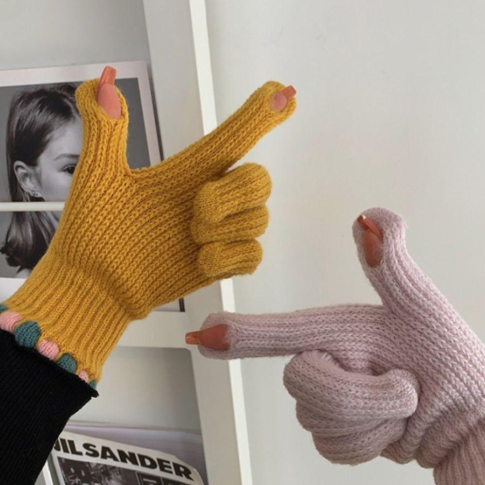 Solid Color Gloves Windproof Student Winter Mittens Women Knitted Gloves Female
