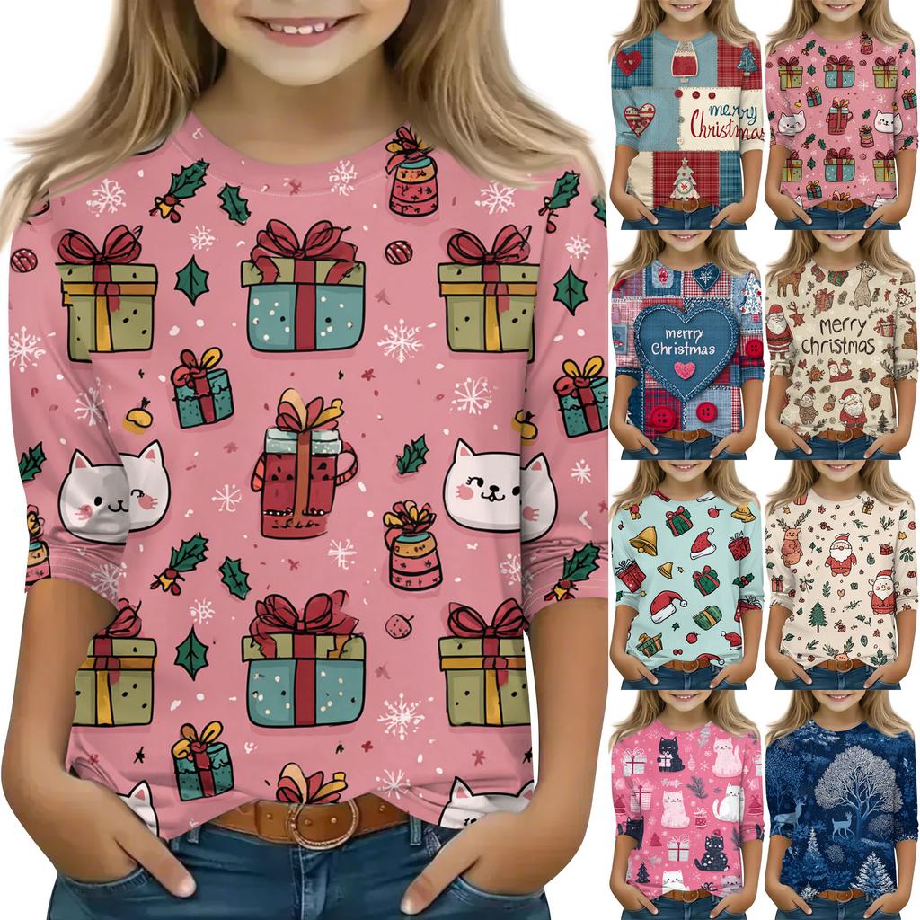 Children's 3/4 Sleeve Round Neck Top Christmas Tree Printed Everyday Casual Top
