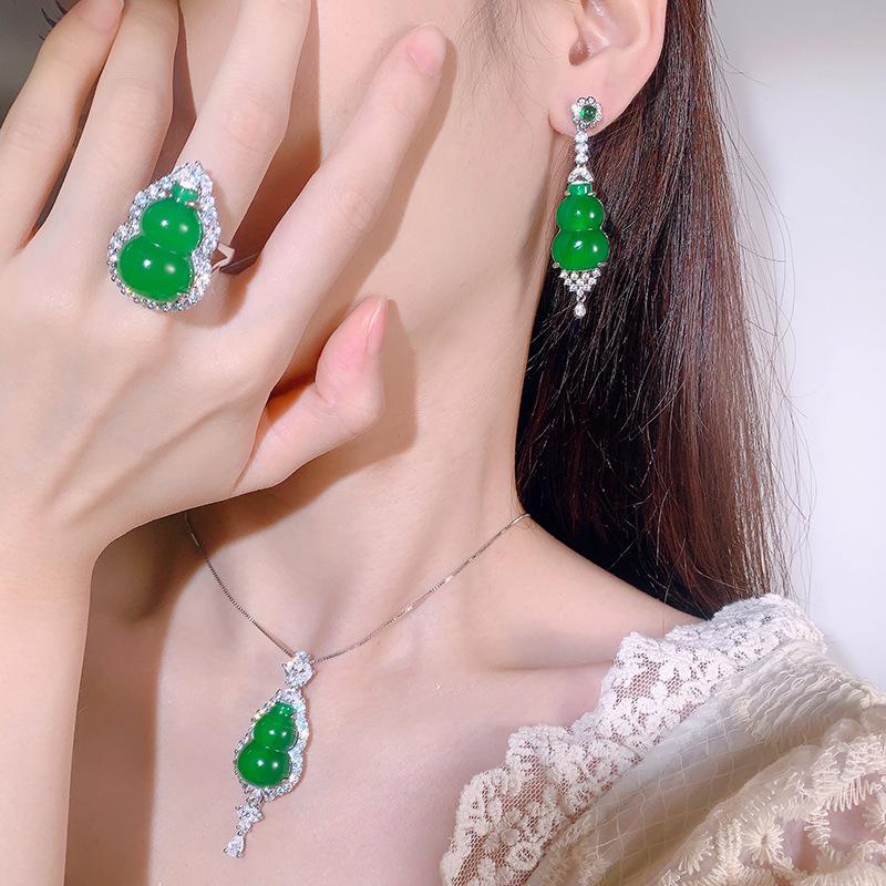 Chinese Jewelry Stud Earrings Imitation Chalcedony Gourd Ring Earrings Pendant Juice Necklace Women'S Set