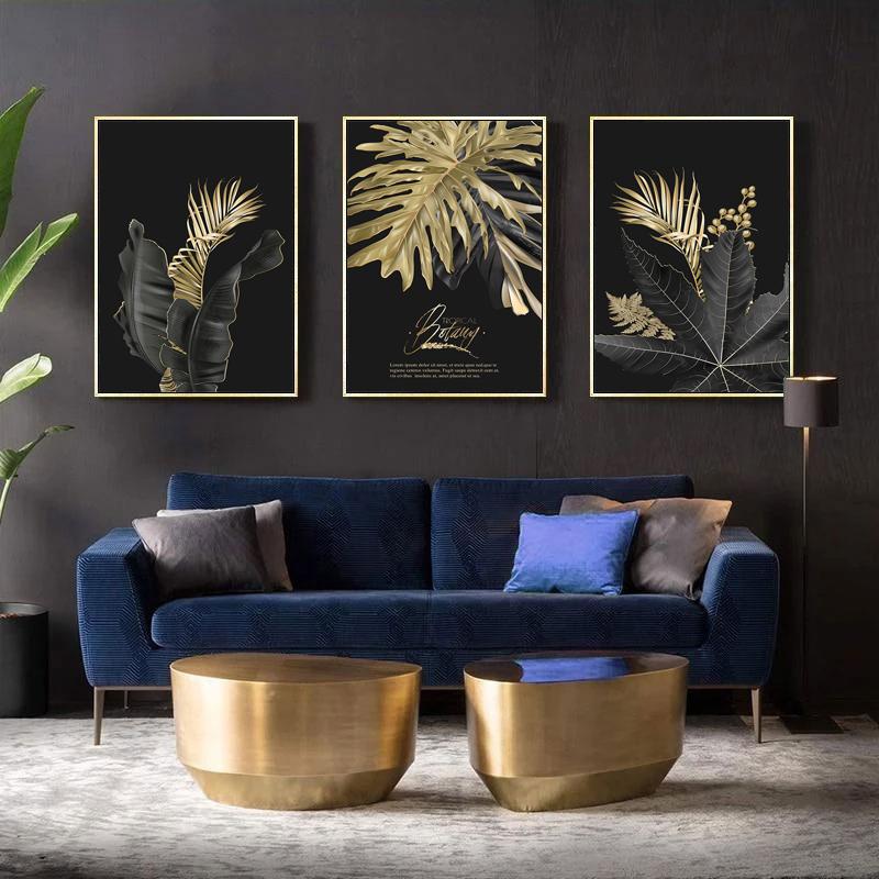 Домашний декор, абстрактное растение с золотыми листьями, настенная живопись на холсте, скандинавские постеры и принты, настенная картина для гостиной, современное искусство