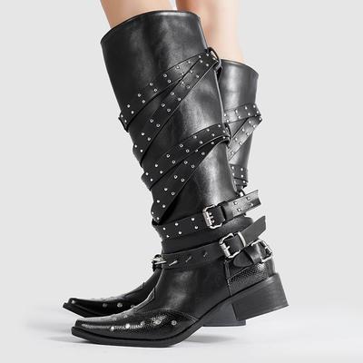 Винтажные остроносые женские черные ботинки с заклепками в панк-стиле на толстом каблуке, ботинки рыцаря с ремешком, ковбойские ботинки