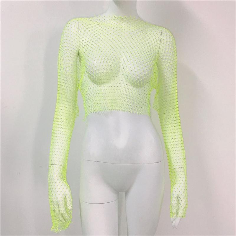 Women Rhinestones Mesh Flared Long Sleeve Crop Top Hollow Out See Through Fishnet Jewelry Cover Up Rave Party Clubwear