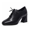 Женская обувь 2025 весна новая темпераментная обувь-лодочки на высоком каблуке черная из первого слоя коровьей кожи на толстом каблуке шнуровка с глубоким вырезом квадратный носок