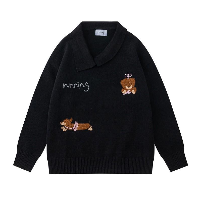 Unisex Oversized Knit Sweater With Turn-Down Collar Dog Letter Embroidery Streetwear Casual Winter Top