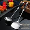 Ebony Long Handle Stainless Steel Spatula & Ladle Set - Anti-Scald Cooking Utensils for Soup, Porridge, and Stir-Fry.