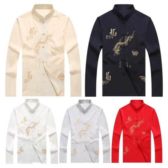 Мужская рубашка среднего возраста в китайском стиле с рисунком дракона, рубашка с воротником-стойкой и длинными рукавами, карманы, однобортный костюм Тан, топ
