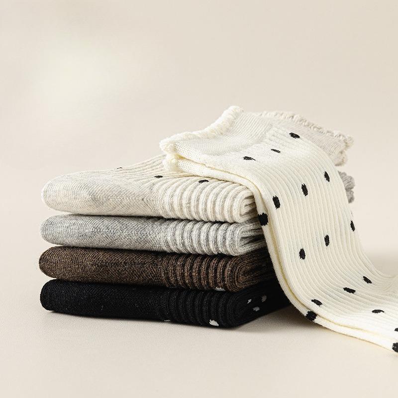 Кружевные носки, Женские длинные носки, Хлопковые носки с черной отделкой и горошком, Спортивные махровые носки для осени и зимы, Универсальные бесшовные носки средней длины