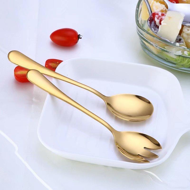 2PCS Gold Salad Spoon Fork Stainless Steel Cutlery Set Serving Spoon Set Colorful Unique Spoons Kitchen Utensils
