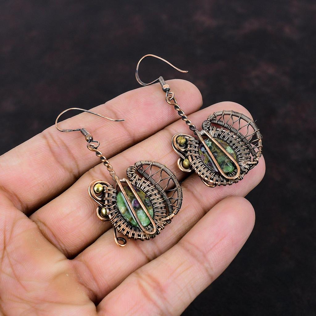 Серьги из медного рубина и цоизита, серьги из медной проволоки, ювелирные изделия из драгоценных камней, серьги ручной работы, серьги-подвески, удивительные медные украшения, подарок для мамы