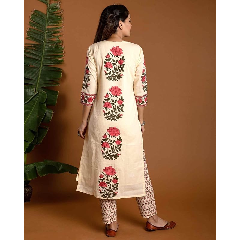 GoSriKi Women's Rayon Blend Straight Printed Kurta with Pant & Dupatta (Actual-Cream-GS_L_Cream_Large)
