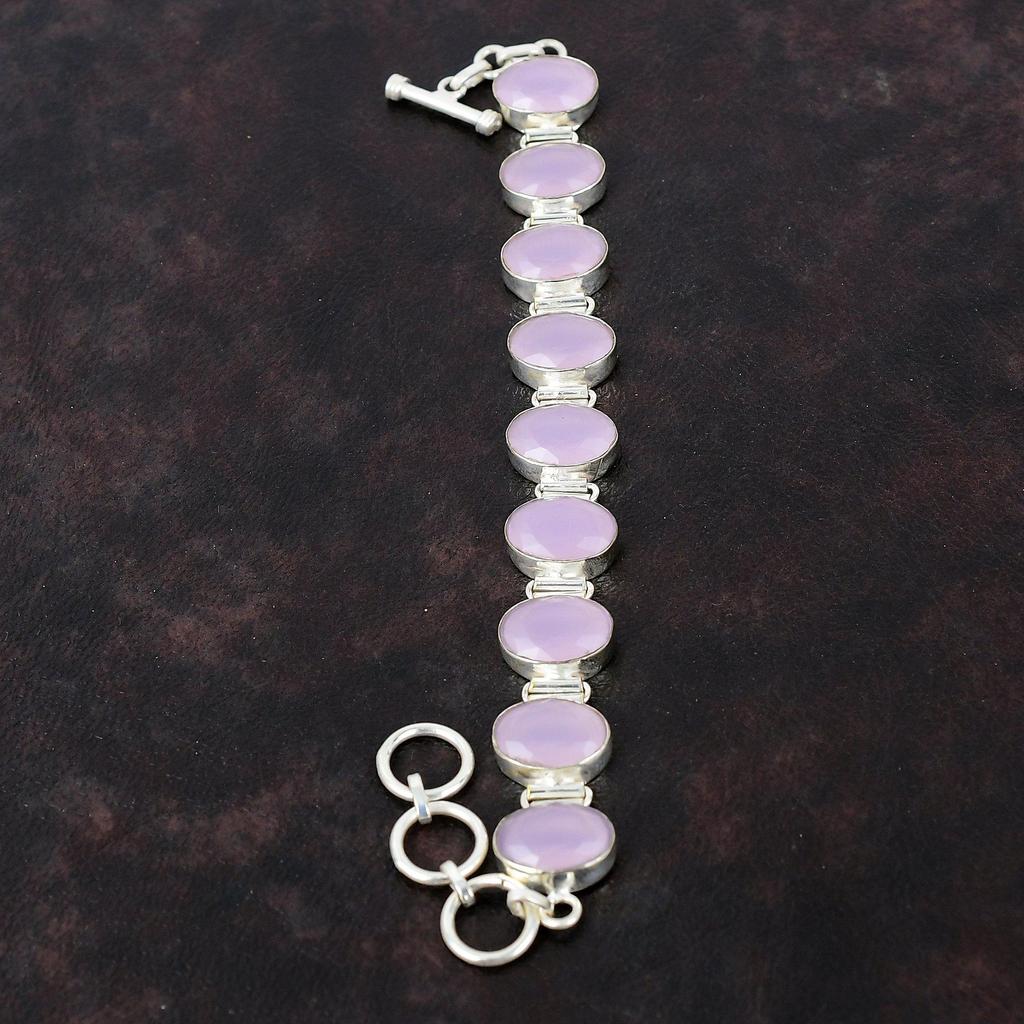 Граненый браслет из розового халцедона Браслет из настоящего драгоценного камня Браслет из стерлингового серебра 925 пробы Регулируемый браслет-цепочка Ювелирные изделия ручной работы Подарок для нее
