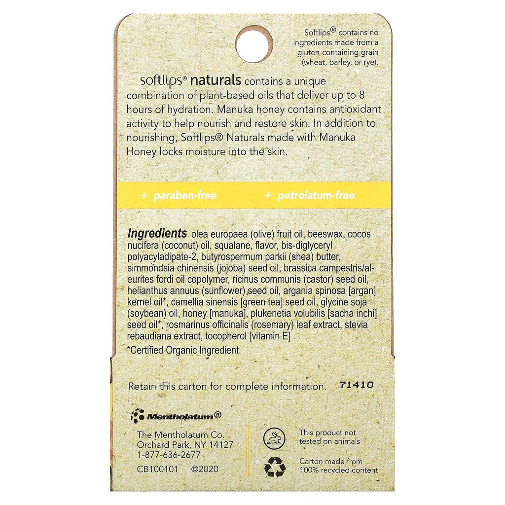 Softlips Натуральный бальзам для губ, с медом манука, медово-мятный, 2 стика, 4,2 г (0,15 унции) каждый