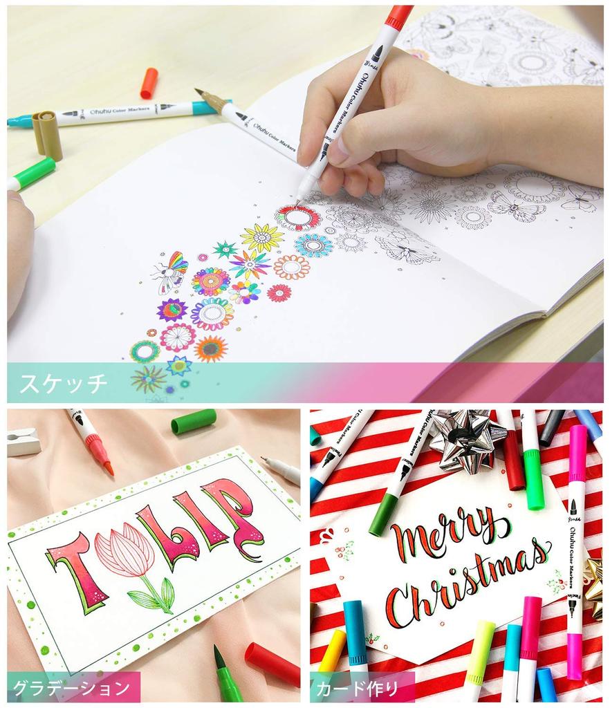 Ohuhu Art 100 Цветная ручка-кисть Дополнительная картинка Раскраска Искусство Художественный футляр для хранения Рождественский подарок Маркер, Ручка на водной основе, Цвета, Набор, Тип, На водной основе