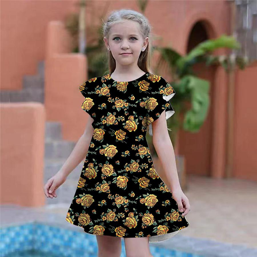 Платья с принтом желтой розы для девочек. Детское праздничное платье для девочек. Свободная облегающая юбка с короткими рукавами для девочек старше четырех лет.