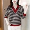 New Spring and Autumn Elegance Fashion V-neck Stripe Panel Contrast Color Casual Loose Versatile Fake Two Piece T-shirt