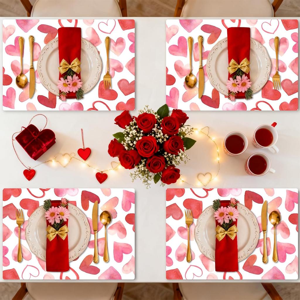 Tarklanda Pink Love Hearts Placemats Set of 6, 11 x 15.7 Inch Washable Vinyl Table Mats Valentine Holiday Plastic Placemats for Anniversary Wedding