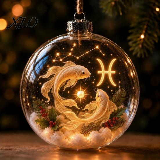 Hanging Baubles for Holiday Decor Lighted Zodiac Christmas Ornament, Glowing Sign Ball with Warm LED, Acrylic Ornaments Wall 3D Clear Pendant