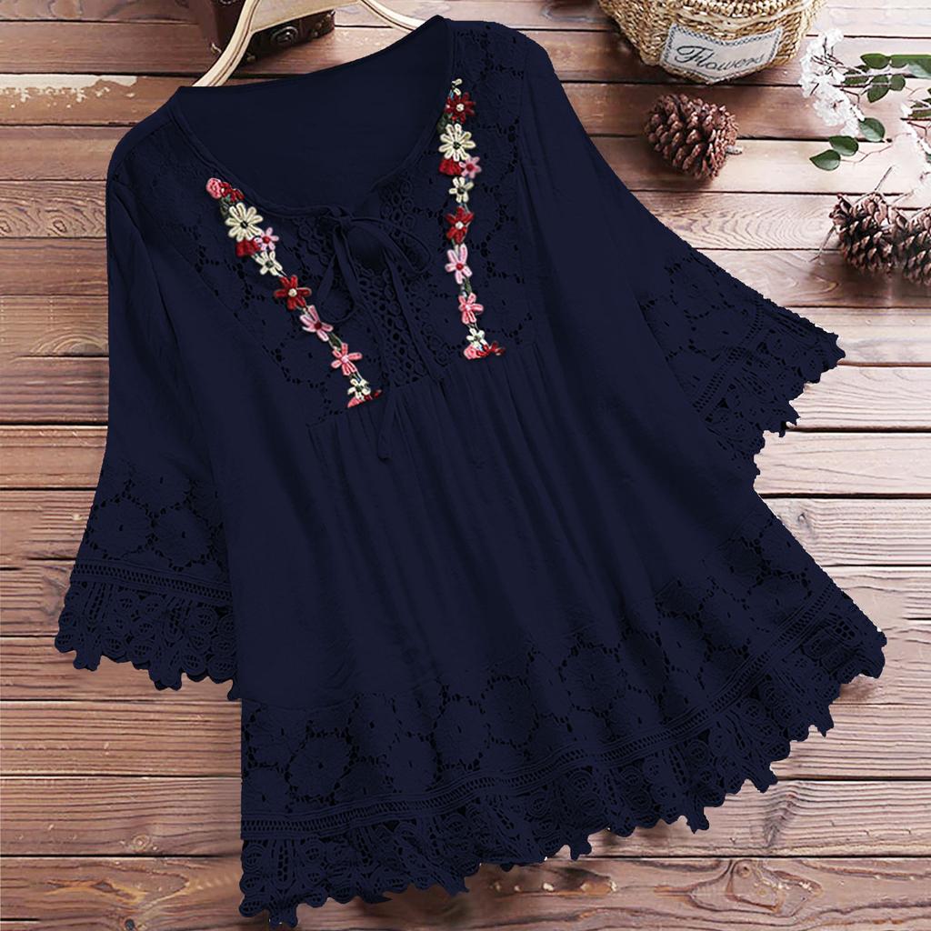 Women Lace Embroidery Flower Loose Plus Size Half Sleeve Shirt