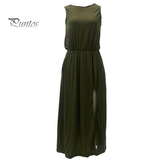 Женское летнее платье с плиссировкой, круглым вырезом, без рукавов, однотонное, свободное, с разрезом, макси-платье, повседневная одежда для свиданий, вечеринок, длинное платье