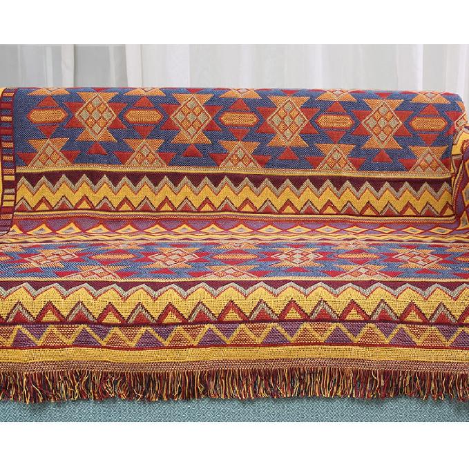 Blanket for Bed, Large Throw Blanket, Bohemia Yellow Geometric Pattern Jacquard Tassels Reversible Woven Throws for Sofas Couch Bed Decorative