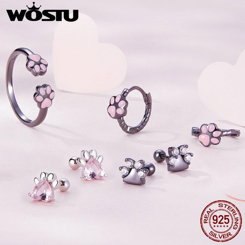 WOSTU 925 Sterling Silver Black Gold Pink Pet Cat Claw Hoop Earrings Women Lovely Animal Drop Ear Clips Birthday Jewelry Gift